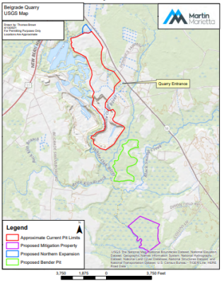 A map of Martin Marietta's proposed mine expansion plan. Source: Corps
