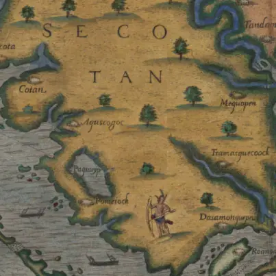 Detail of map entitled Americae pars or The carte of all the coast of Virginia (Theodor de Bry, 1590) showing the village of Aguascogoc as well as other Indian villages, Lake Mattamuskeet (Paquippe) and, in the lower righthand corner, Roanoke Island. Courtesy, North Carolina Collection, UNC-Chapel Hill