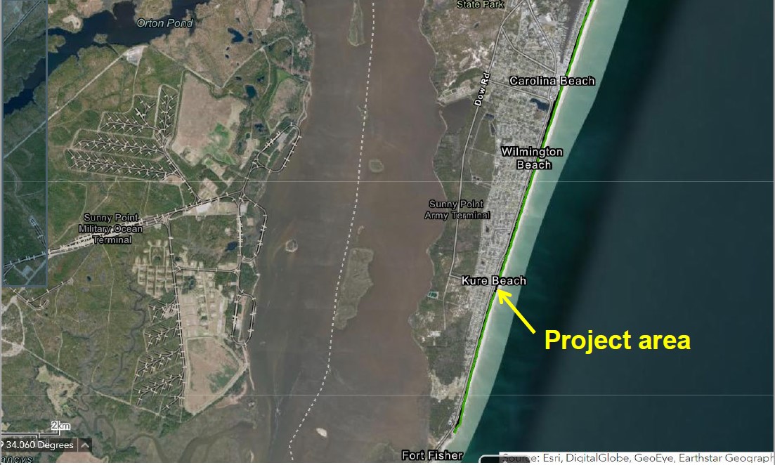 Project area for accessible beach mats in Kure Beach. Map: DCM