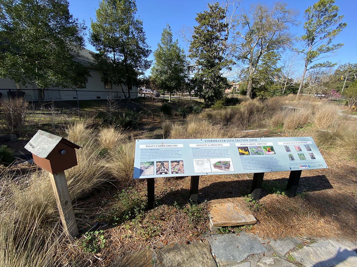 The North Carolina Cooperative Extension and New Hanover County Arboretum features rain gardens, infiltration features, native plants and educational signage. Photo: Contributed