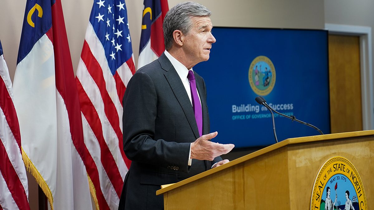 Gov. Roy Cooper speaks May 11 during a press conference announcing his 2022-23 budget.
