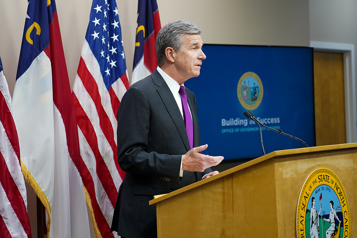 Gov. Roy Cooper speaks May 11 during a press conference announcing his 2022-23 budget. 