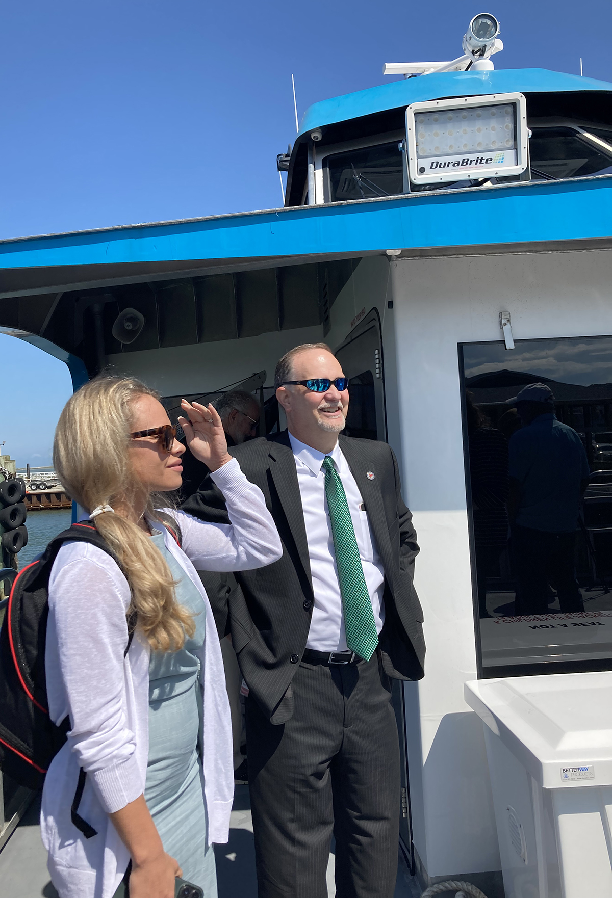 N.C. Department of Transportation Chief Communications Officers Carly Olexik, left, and Transportation Secretary Eric Boyette take part in the event Monday aboard the Ocracoke Express. Photo: Catherine Kozak
