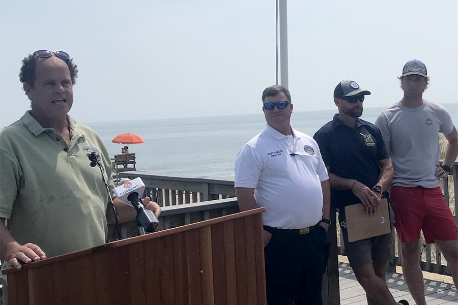 From left, Kill Devil Hills Ocean Rescue Supervisor David Elder, Kitty Hawk Ocean Rescue Director Cole Yeatts, Nags Head Ocean Rescue Captain Chad Motz and Kill Devil Hills Assistant Ocean Rescue Supervisor Ben Battaile. Photo: Michelle Wagner