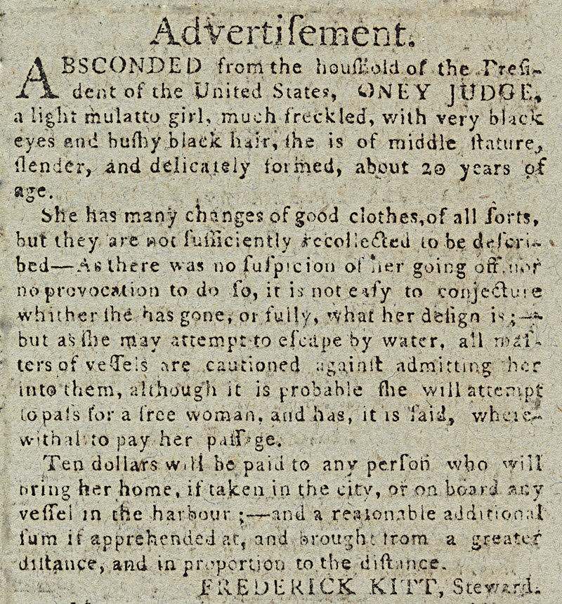 A newspaper advertisement seeks the return of Oney Judge to former president George Washington.