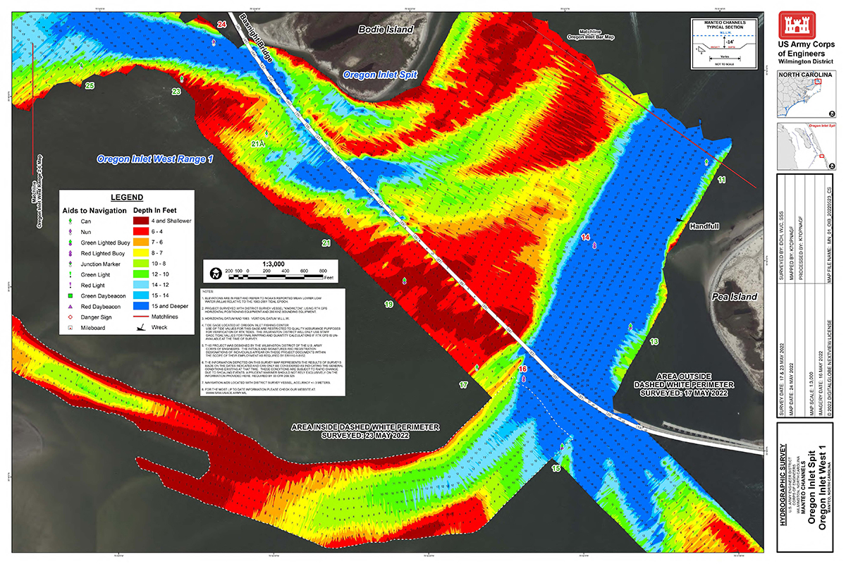 A May survey shows the extent of shoaling, indicated in red, in the channel under the Marc Basnight Bridge. Image: Corps