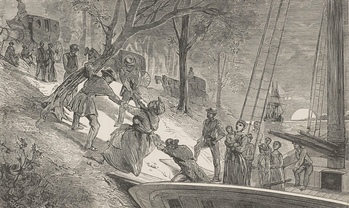 An engraving by John Osler from William Still's "The Underground Rail Road" depicts the nighttime arrival by boat of 15 self-emancipated enslaved people at League Island in Philadelphia in July 1856. Source: University of Virginia Special Collections