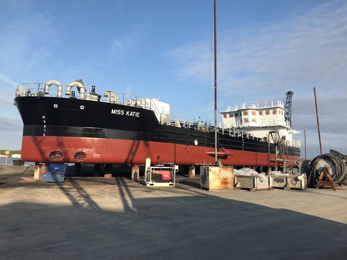 The Dare County dredge Miss Katie is shown prior to its launch in April at Conrad Shipyard in Louisiana. Photo: Dare County