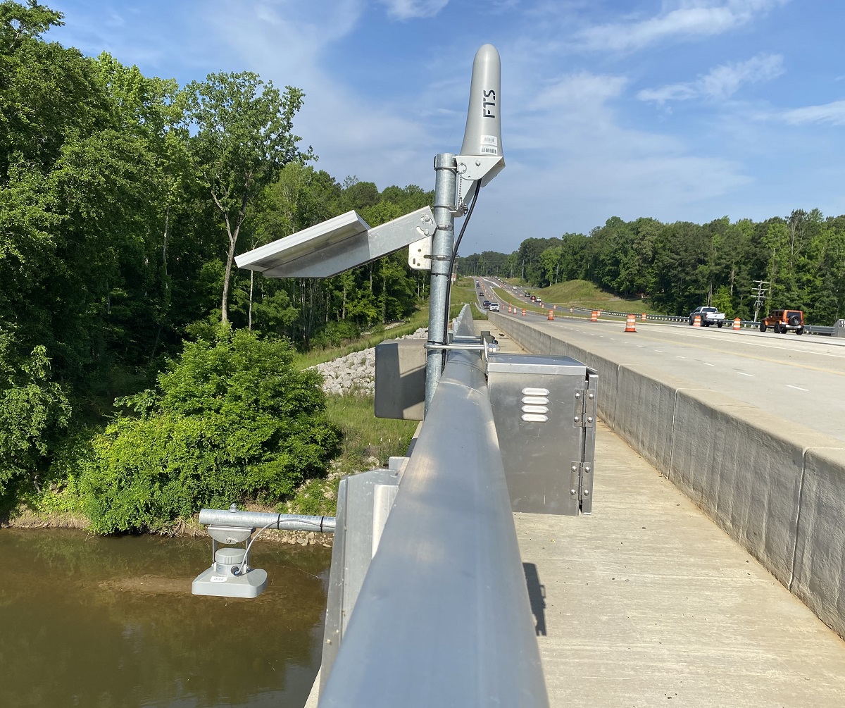This stream gauge over the Neuse River on N.C. 42 in Johnston County is one of several the NCDOT will rely on to gather data for a new early food-warning system. Photo: NCDOT