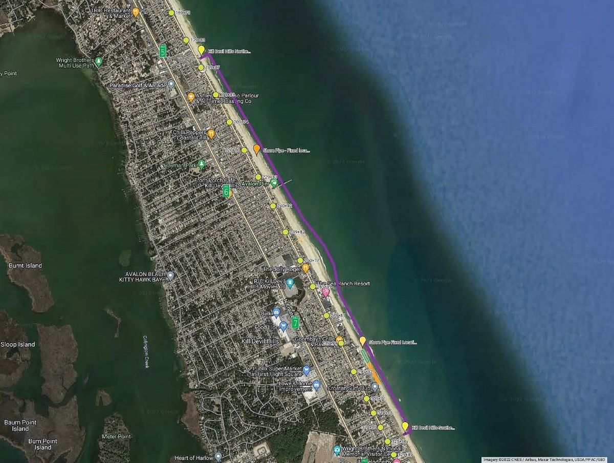 Map of Kill Devil Hills beach nourishment active construction zone and completed section as of Monday Wednesday morning. Map: Google