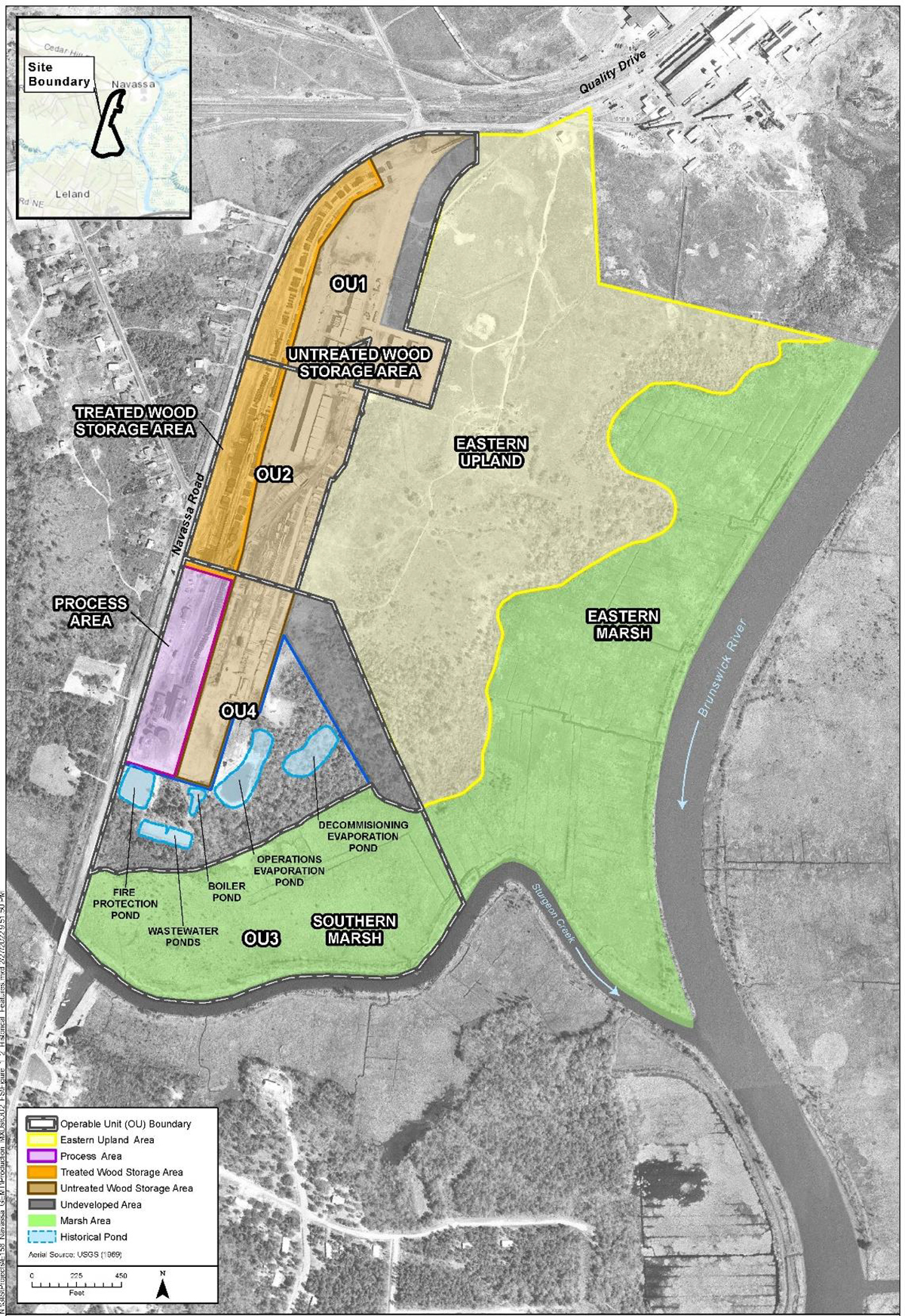 This labeled overlay on an old aerial photo includes historical features of the former wood-treatment site. Source: Multistate Trust