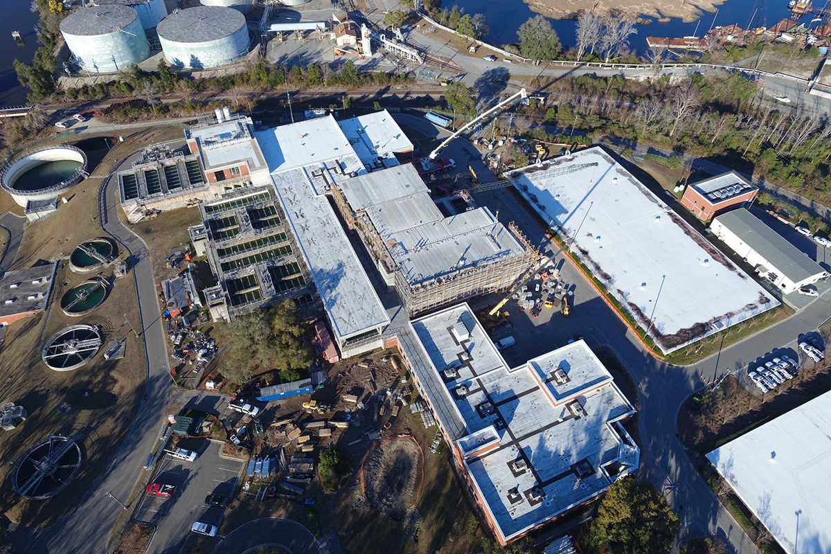   Aerial view of the currently completed expansion to improve PFAS filtration under construction in 2022 at the Cape Fear Public Utilities Authority's Sweeney Water Treatment Facility in Wilmington. Photo: Cammy Bellamy/CFPUA