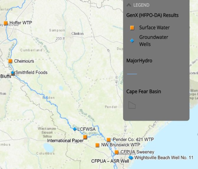 Graphic from Cape Fear River Watch shows utilities and other businesses along Cape Fear River.