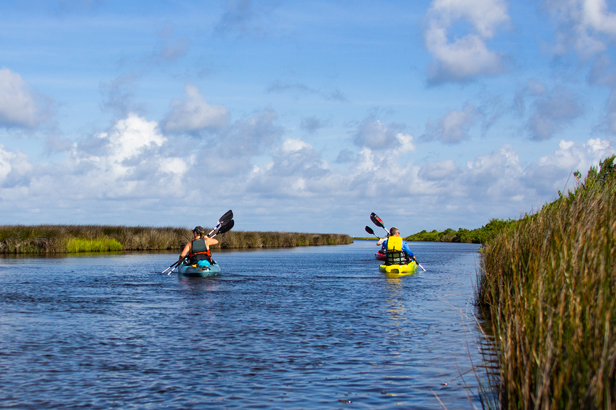 "Kayak with a Ranger" program participants paddle down a natural canal, formed by sandbars and marsh grass growth, in Pamlico Sound. Photo: Corinne Saunders