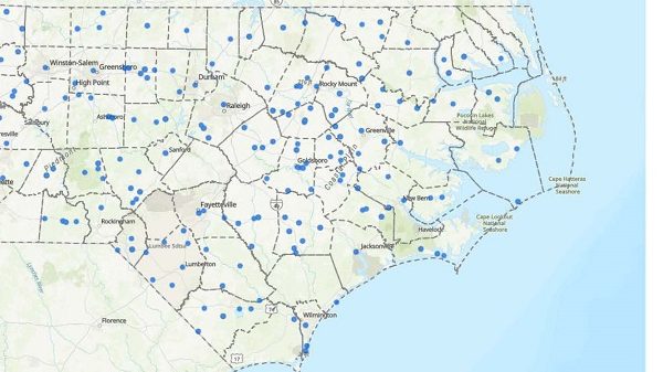 This DEQ map shows the distribution in eastern North Carolina of funded projects in the spring 2022 funding round. 