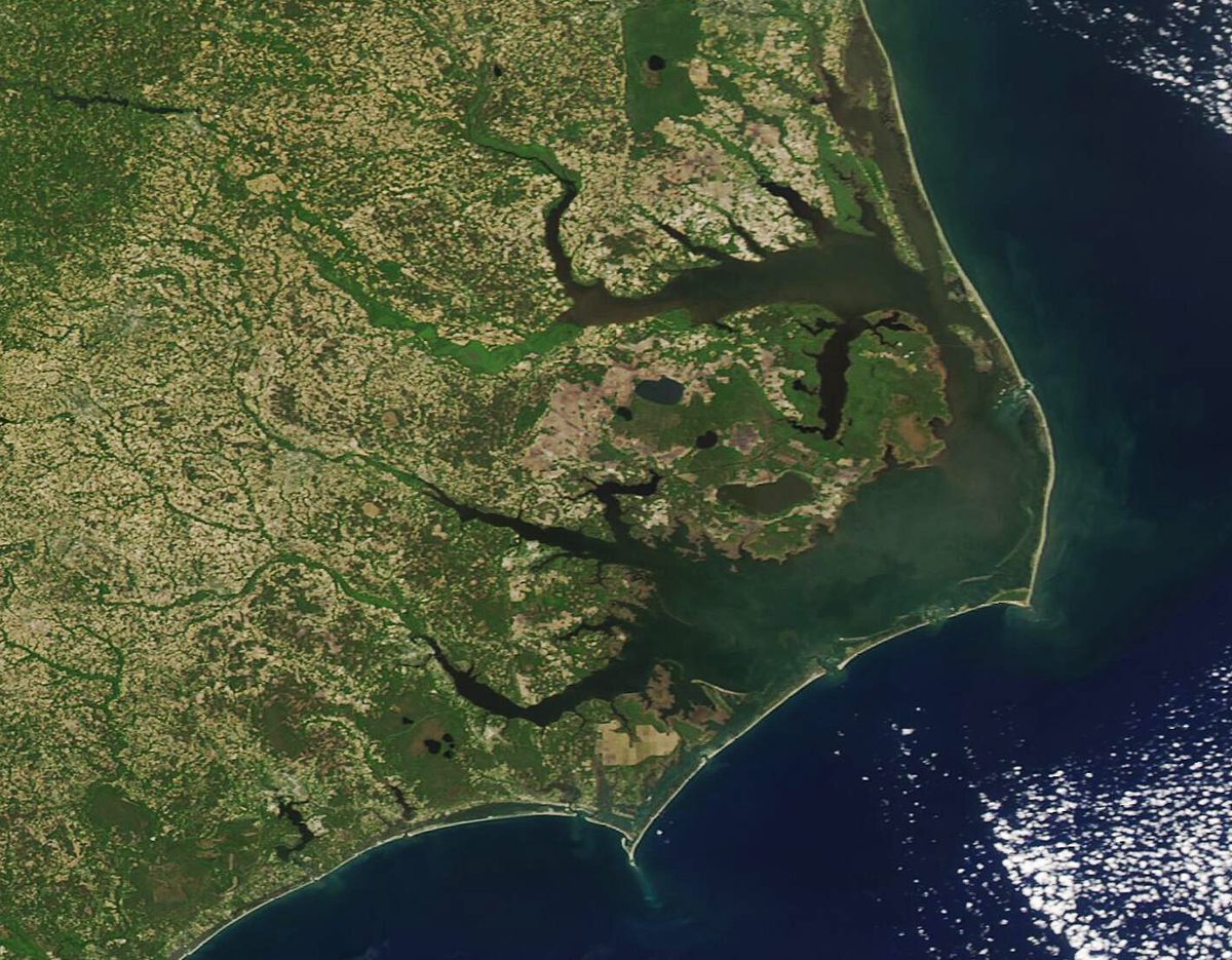 A view of coastal North Carolina as captured April 28, 2022, by the Moderate Resolution Imaging Spectroradiometer on board NASA’s Aqua satellite. Photo: MODIS Land Rapid Response Team, NASA