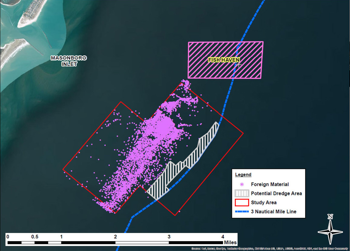 The planned dredge area for Wrightsville Beach's beach nourishment project is shown in relation to a debris field from an artificial reef off Masonboro Inlet. Map: Corps