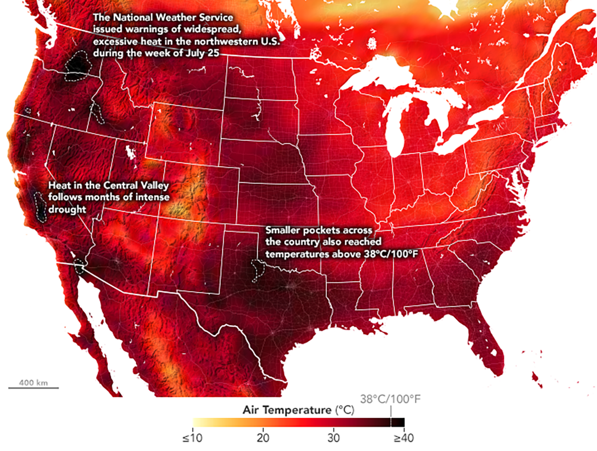 This map from the NASA Earth Observatory shows daily high temperatures on July 31.