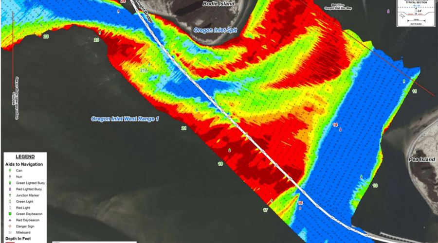 Significant shoaling is shown in Oregon Inlet in this May 20 survey. Souce: Oregon Inlet Task Force