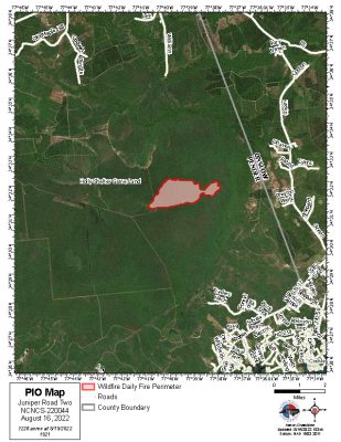 The Juniper Road fire is shown as of Tuesday. Map: N.C. Forest Service