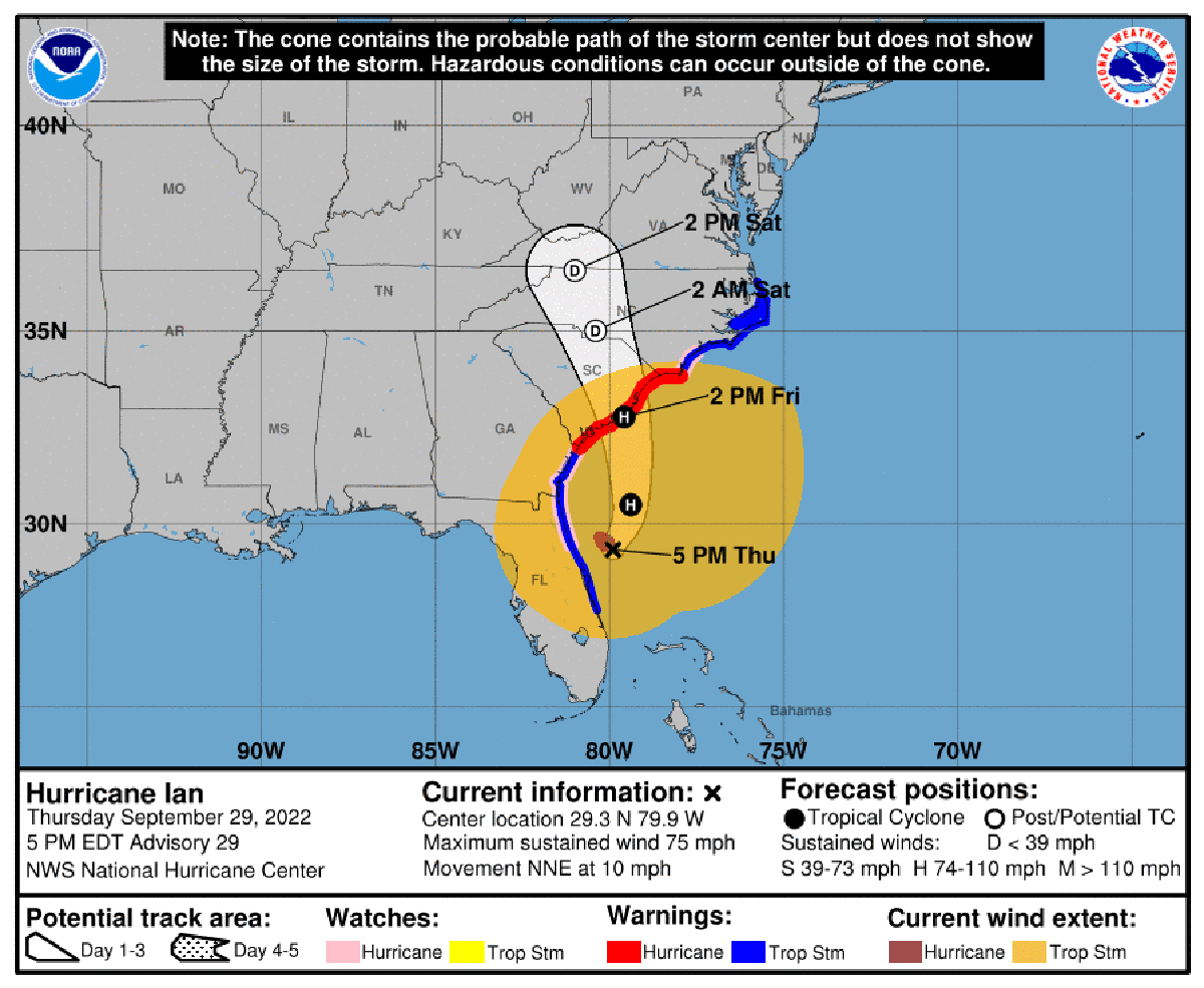 National Hurricane Center 5 p.m. Thursday graphic.