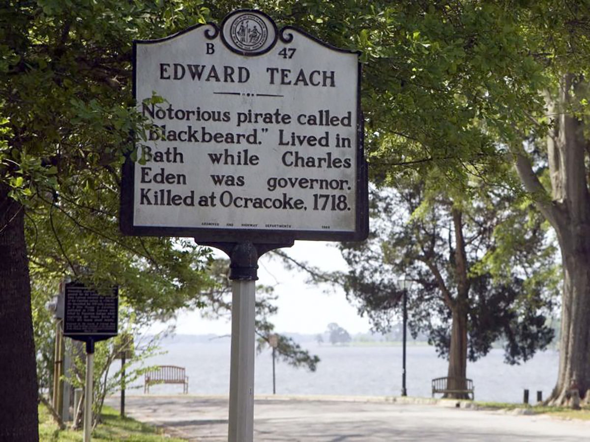 Historic marker in Bath notes Edward Teach's, or Blackbeard's residence here. Photo: VisitNC