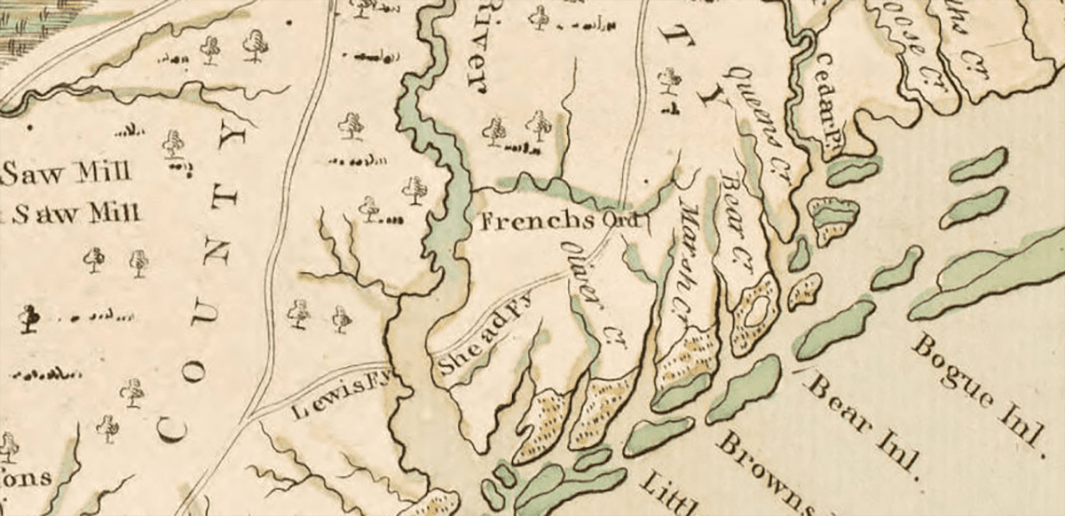 Sneads Ferry as shown on John Collett's 1770 map. Source: UNC