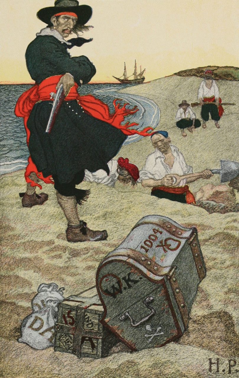 Howard Pyle painting of Capt. Kidd supervising the burying of his treasure published 1921 in "Howard Pyle's Book of Pirates: Fiction, Fact & Fancy Concerning the Buccaneers & Marooners of the Spanish Main.