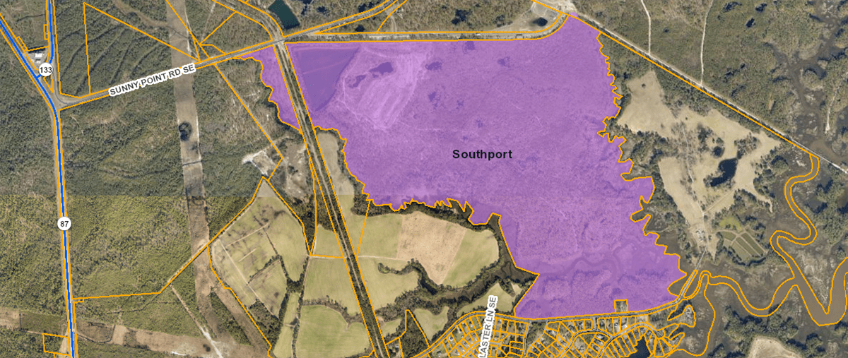 The federal government has placed restrictive uses on the parcel, shown here in the purple-shaded area, because of its proximity to Military Ocean Terminal Sunny Point. Map: Brunswick County GIS 