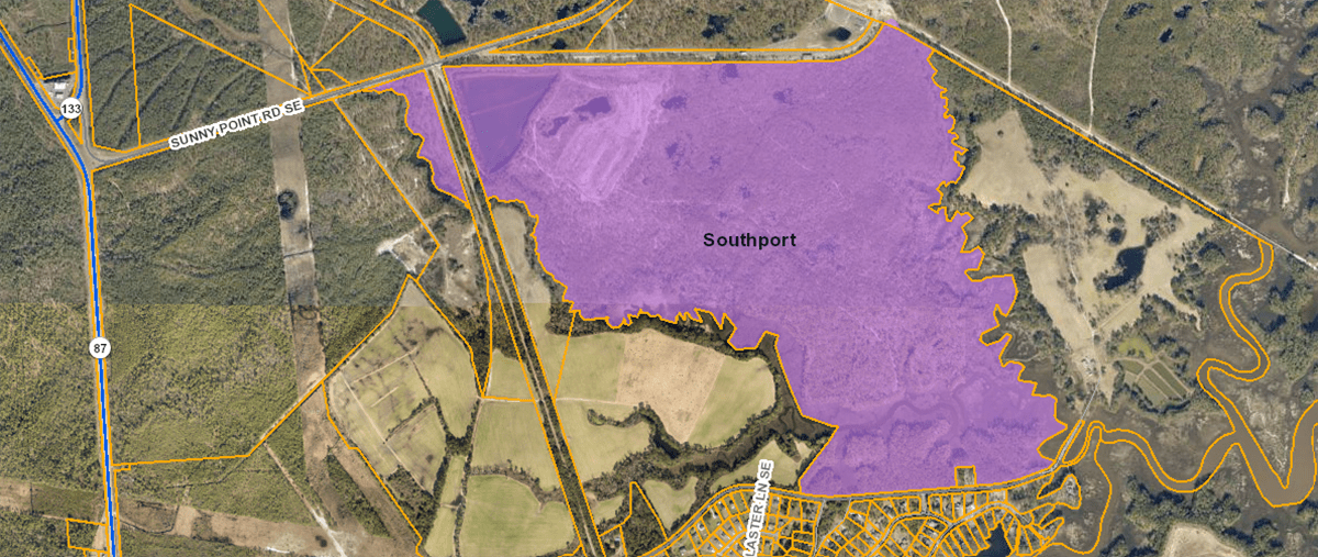 The federal government has placed restrictive uses on the city-owned parcel, shown here in the purple-shaded area, because of its proximity to Military Ocean Terminal Sunny Point. Map: Brunswick County GIS