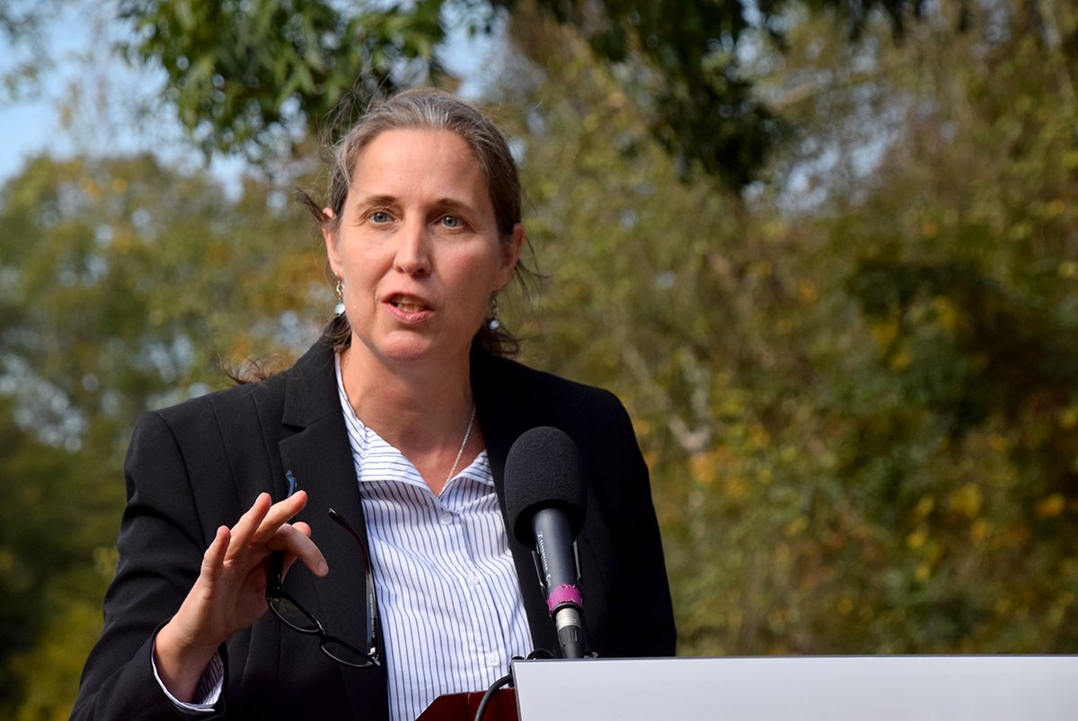 Sound Rivers Executive Director Heather Deck speaks Monday in Goldsboro. Photo: Mark Hibbs