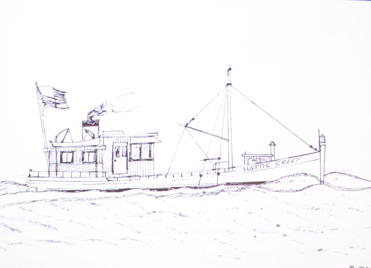 A sketch by Ralph "Buddy" Davis depicts the Hattie Creef, built by George Washington Creef, Jr., the boat that transported the Wright brothers and their airplane parts from Elizabeth City to Kitty Hawk. Courtesy of LeVern Davis Parker