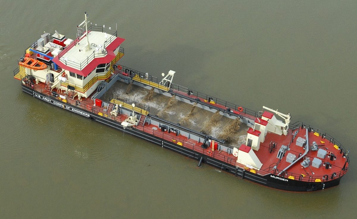 The Army Corps of Engineers Dredge Murden is a hopper dredge out of Wilmington used to clear shallow-draft ocean bar channels and transport sand. Photo: Corps