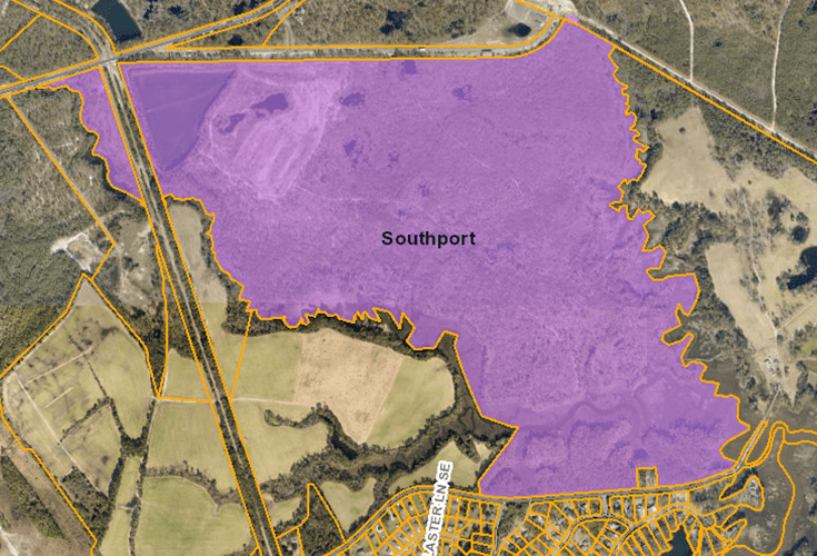 The federal government has placed restrictive uses on the city-owned parcel, shown here in the purple-shaded area, because of its proximity to Military Ocean Terminal Sunny Point. Map: Brunswick County GIS