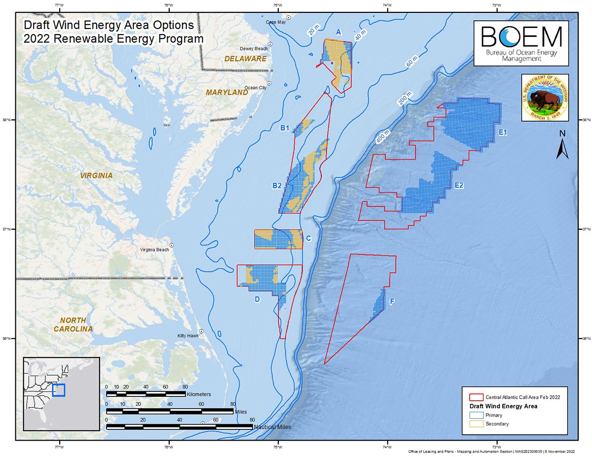 The eight draft offshore wind energy areas cover about 1.7 million acres off North Carolina, Virginia, Maryland and Delaware. Map: BOEM