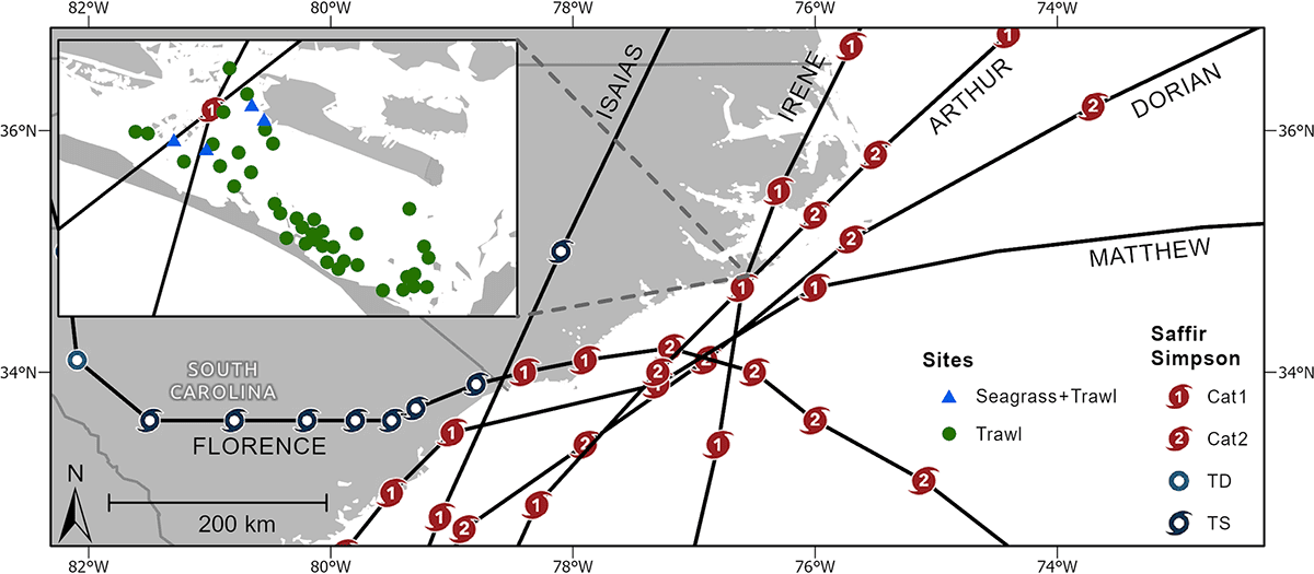 Major hurricane tracks over coastal North Carolina, 2010-20. Image from the study.