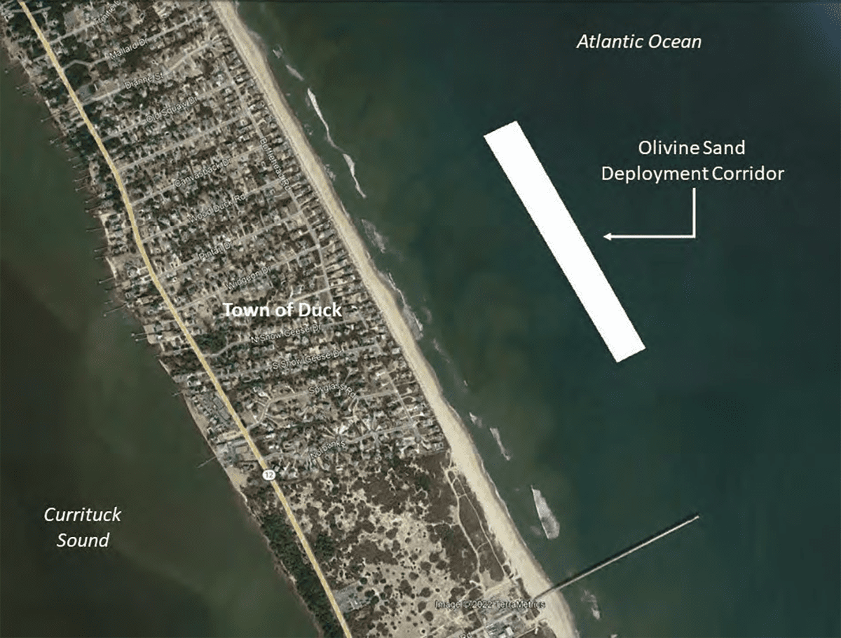 Vesta North Carolina seeks to place about 20,000 cubic yards of ground olivine 1,500 feet from the Duck ocean shoreline. Image: Corps