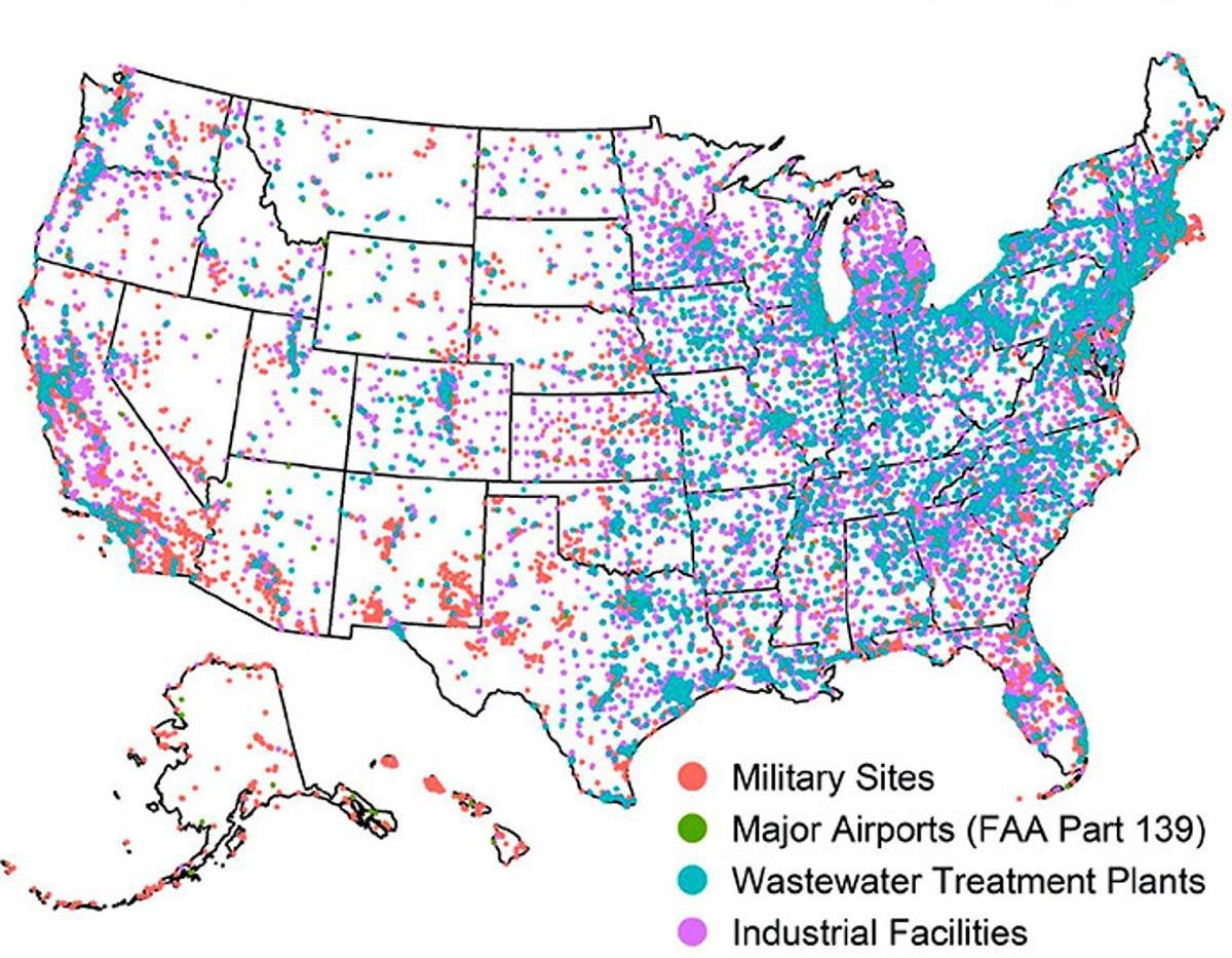 This map shows the more than  57,000 presumed sites contaminated with PFAS. Graphic: PFAS Project Lab