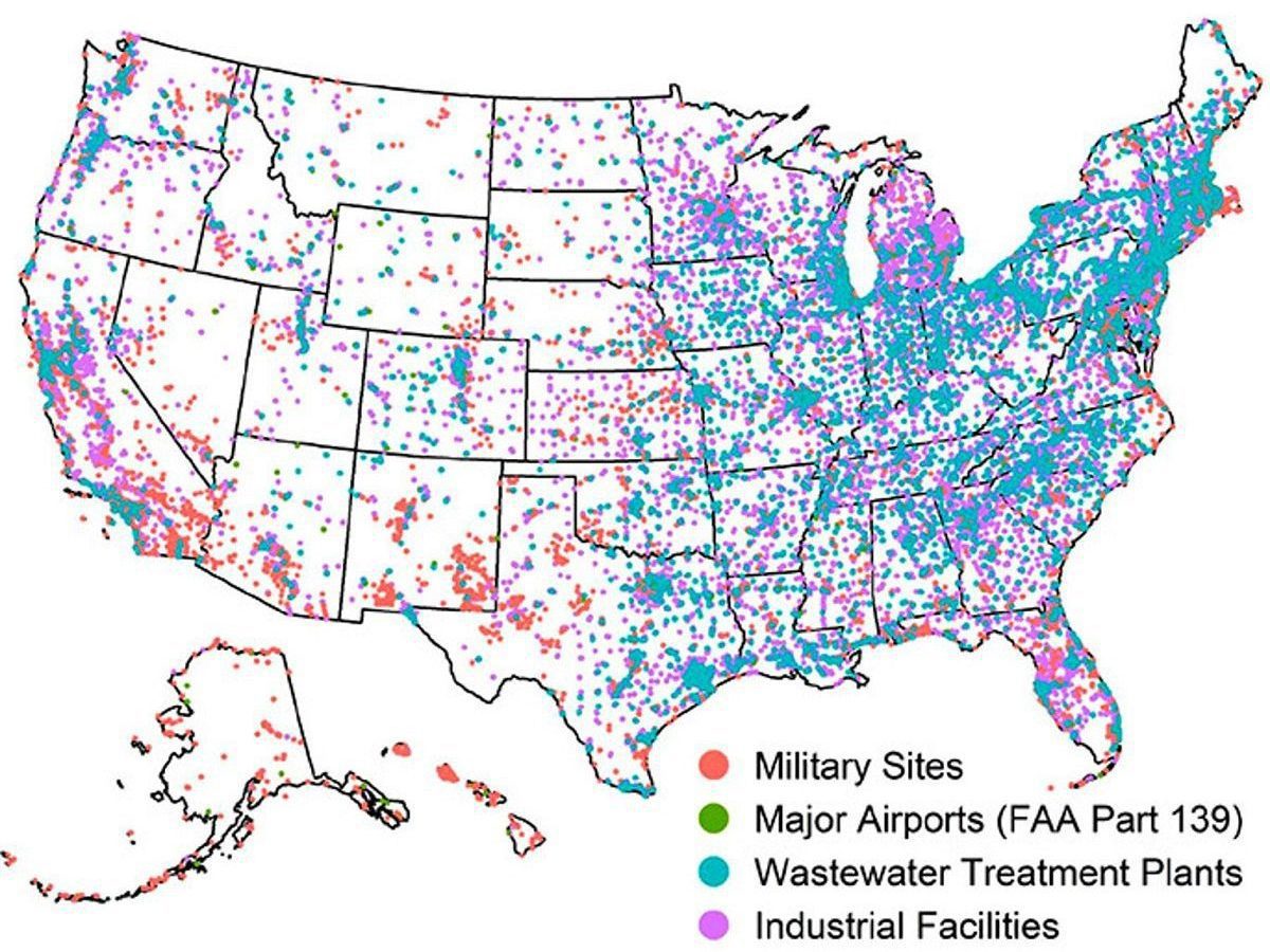Shown are presumed PFAS-contaminated sites. Graphic: PFAS Project Lab