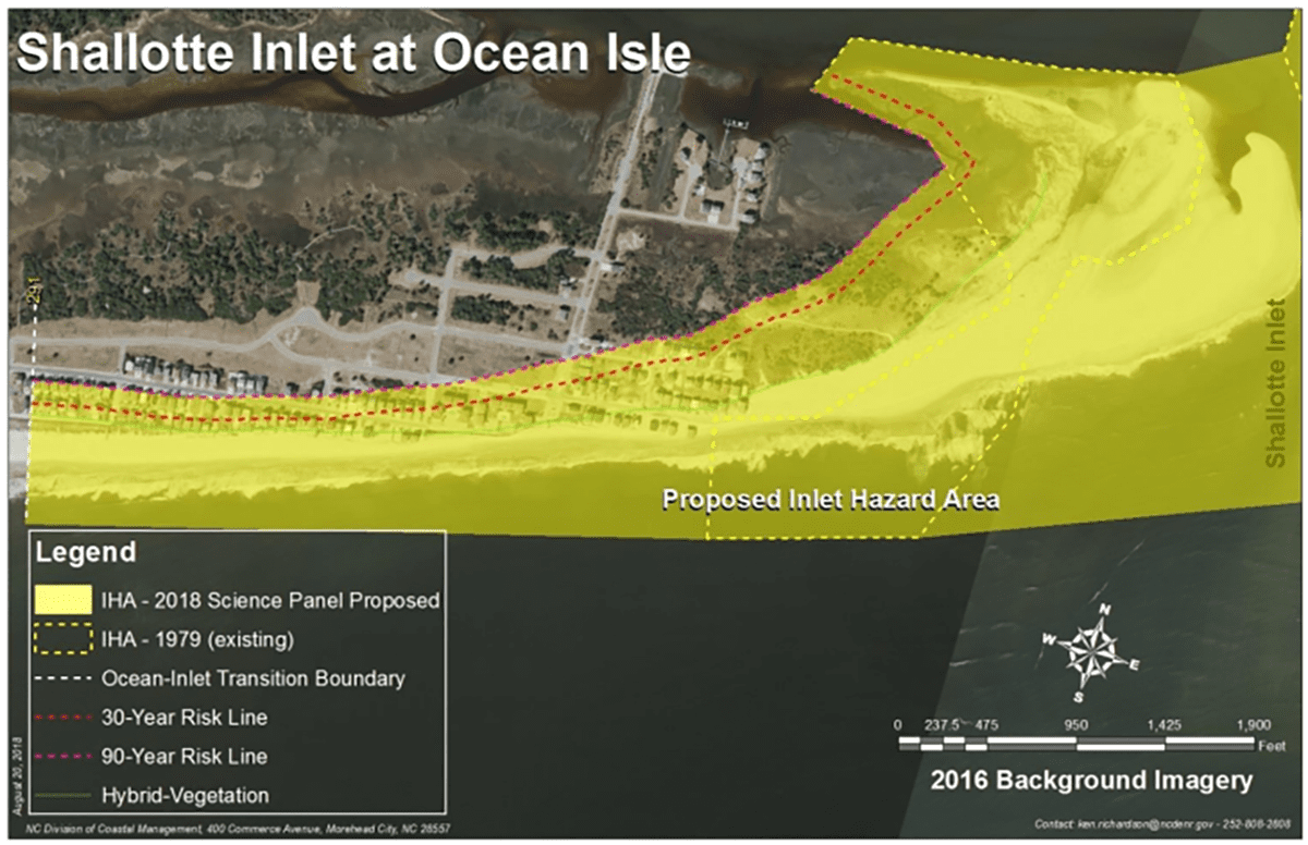 Shallotte Inlet at Ocean Isle Beach Hybrid-Vegetation Line and the science panel's recommended IHA
boundary with the 30-year risk line and modified 90-year risk lines. Source: Division of Coastal Management