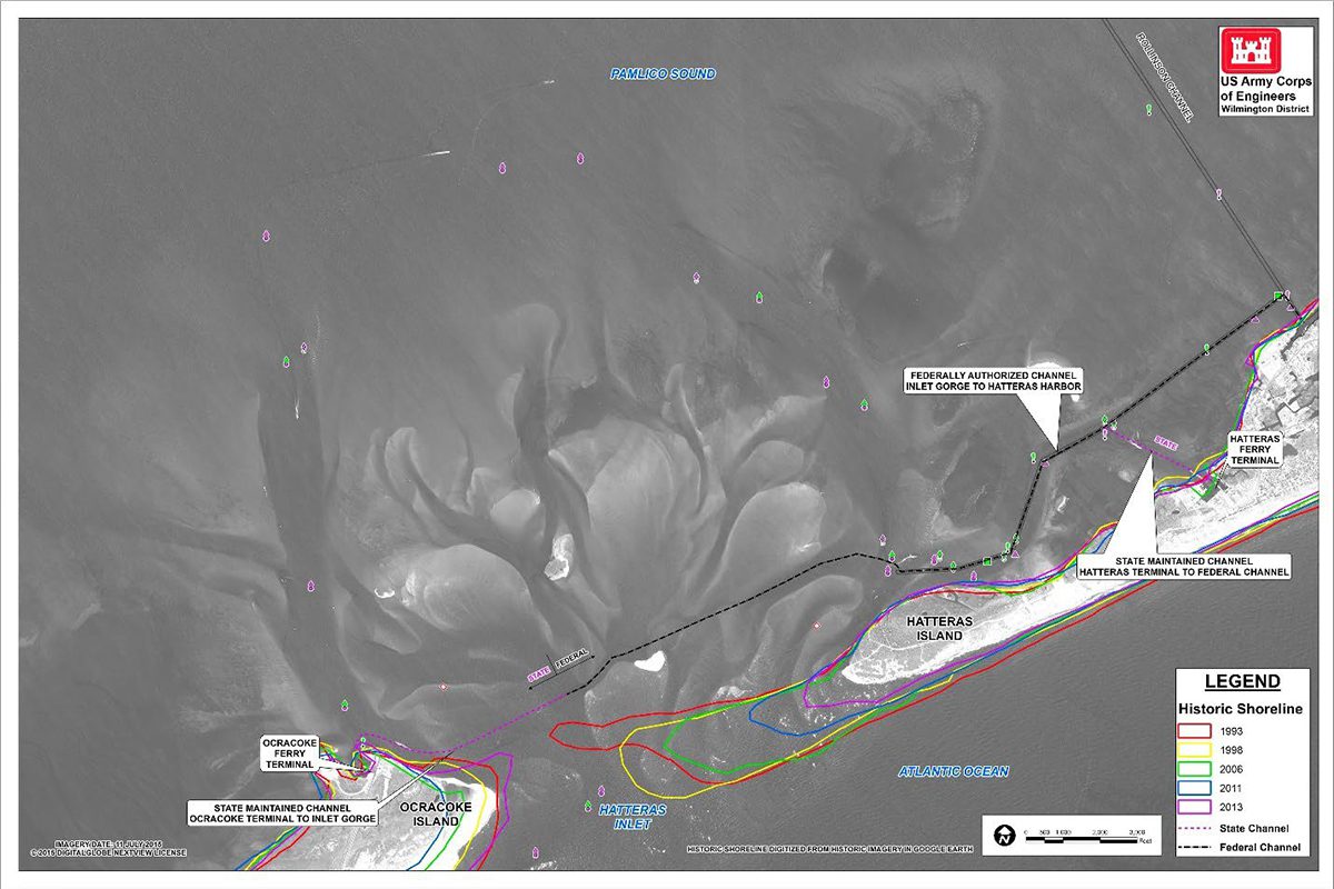 Erosion on Ocracoke and Hatteras islands, 1993-2013. Source: Corps/FONSI