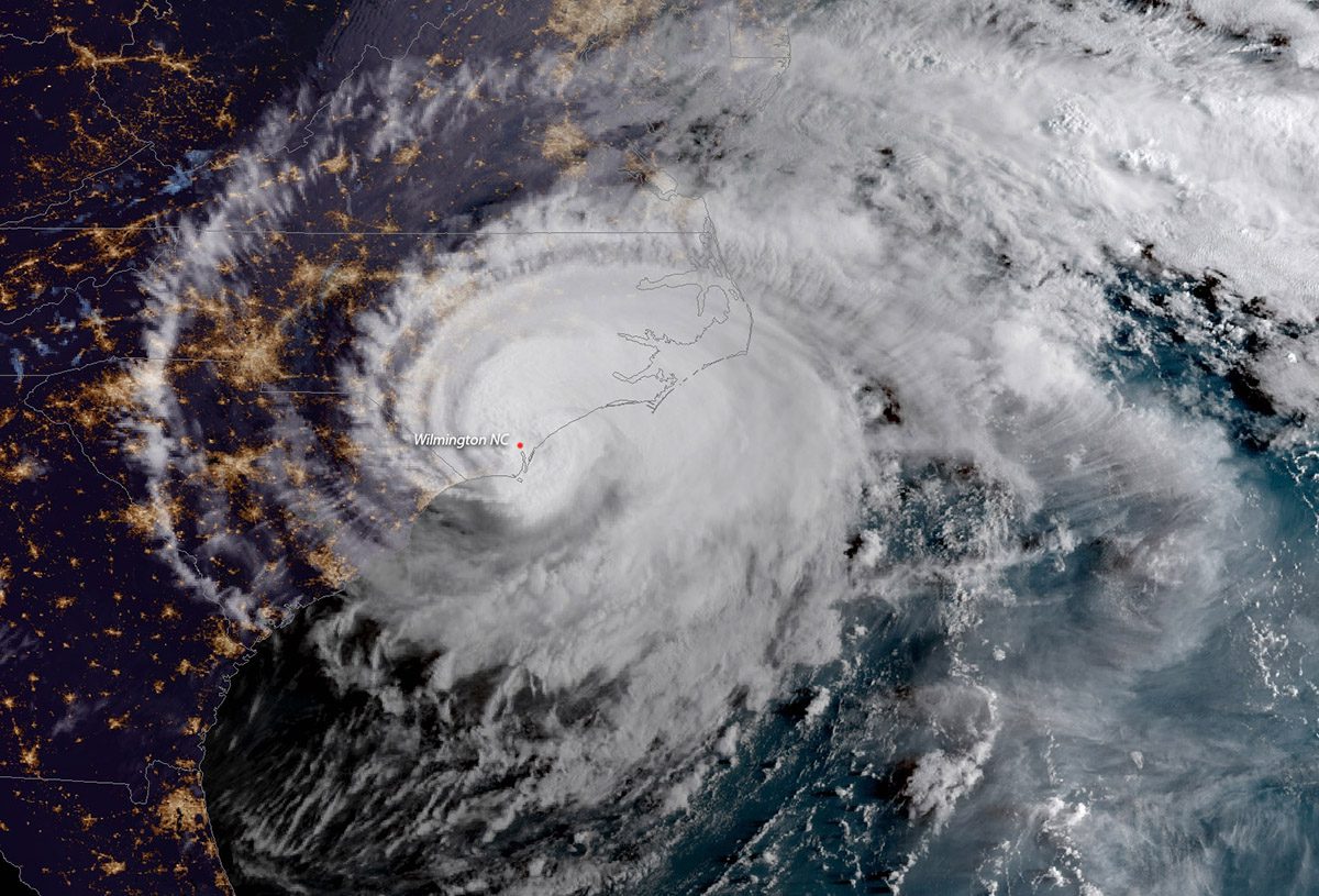 Hurricane Florence makes landfall near Wrightsville Beach at 7:15 a.m. Sept. 14, 2018, as a Category 1 storm. The GOES East satellite captured this geocolor image of the massive storm at 7:45 a.m. ET, shortly after it moved ashore. Photo: NOAA