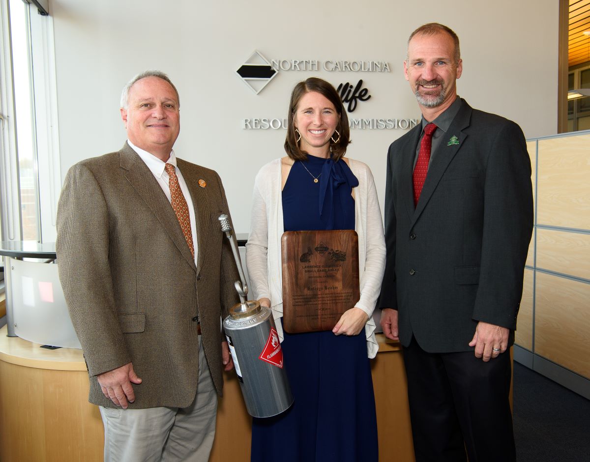 From left, N.C. Wildlife Resources Commission Chairman Monty Crump, award recipient Kathryn Rand Booher of Pender County, and Wildlife Commission Executive Director Cameron Ingram are shown in this N.C. Wildlife Resources Commission photo.