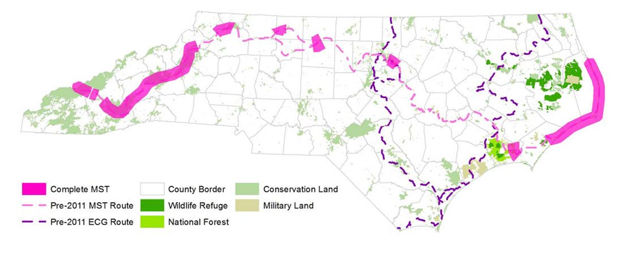 Shown is the project study area in relation to the East Coast Greenway and Mountains-to-Sea Trail. Map: From the 2014 plan