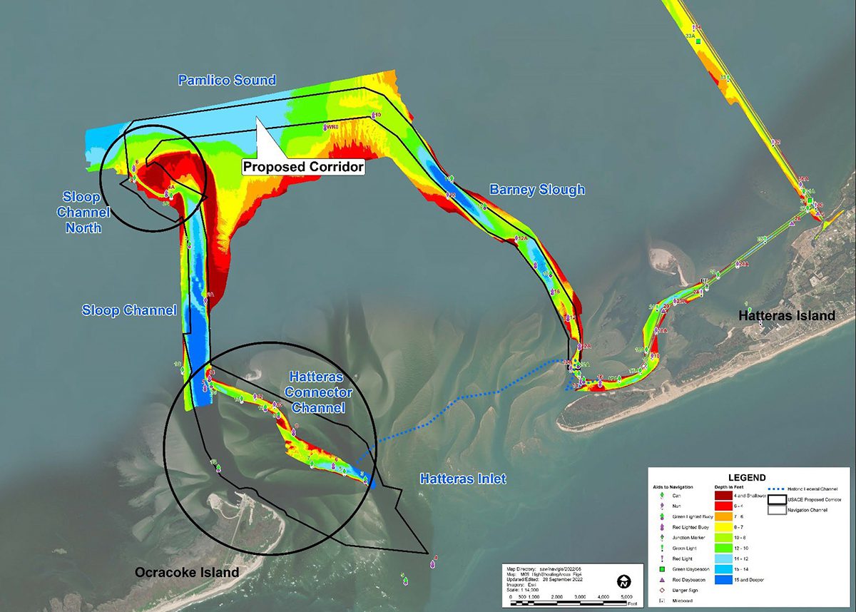 The proposed corridor with high-shoaling areas to be dredged any time of year indicated in circles. Image: Corps FONSI