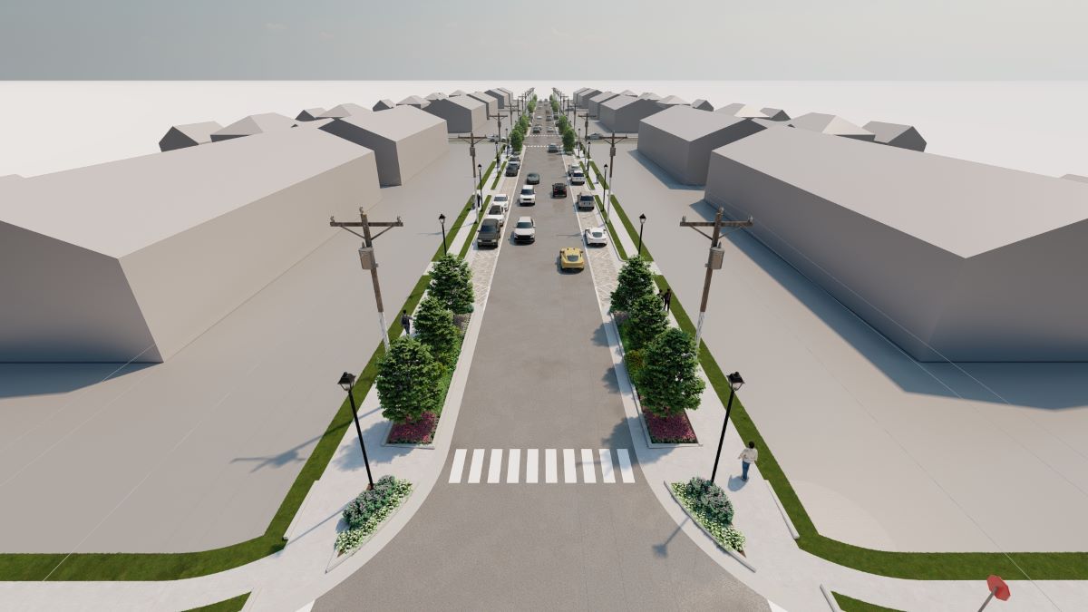 Rendering of Cedar Street pervious pavement project with bioswales. Image: McAdams Co.