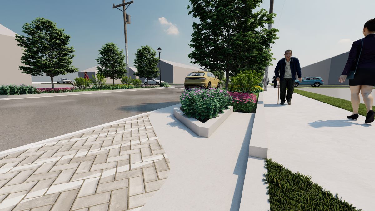 Street level rendering of Cedar Street pervious pavement project with bioswales. Image: McAdams Co. 