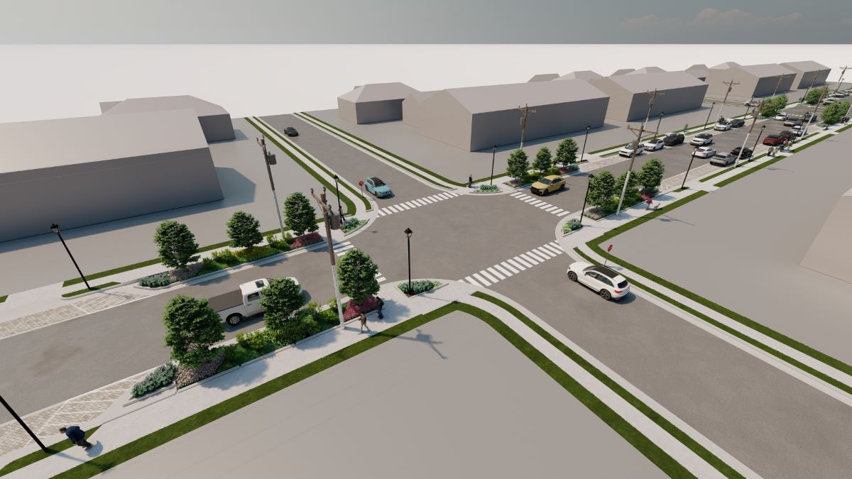 Rendering of Cedar Street pervious pavement project with bioswales. Image: McAdams Co. 