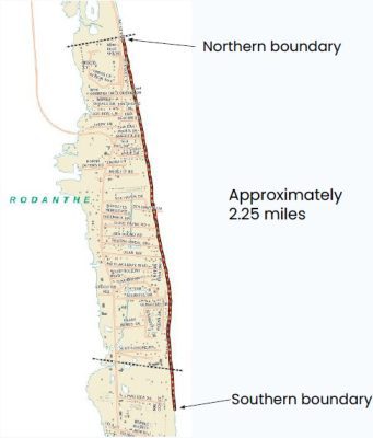 The county has contracted engineers to update a 2013 study to determine estimated cost, volume of sand needed, project area, and other details. The county estimated a 2.25-mile project area for this example presented at the Jan. 18 meeting.