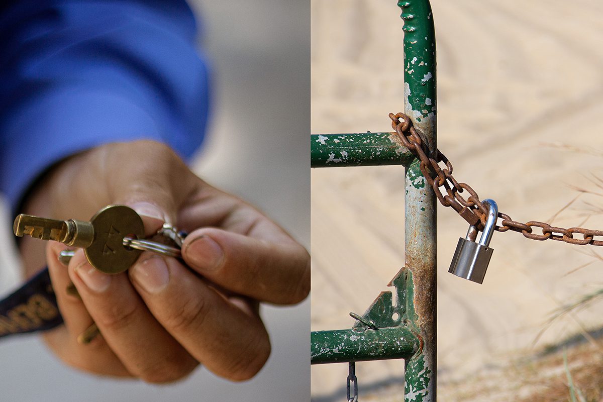 A padlock secures the Virginia-North Carolina line on the Northern Currituck Banks, and only a select few hold a key that opens the gate between the states. This one is held by longtime Carova resident Edward Ponton. Photo illustration: Josee Molavi